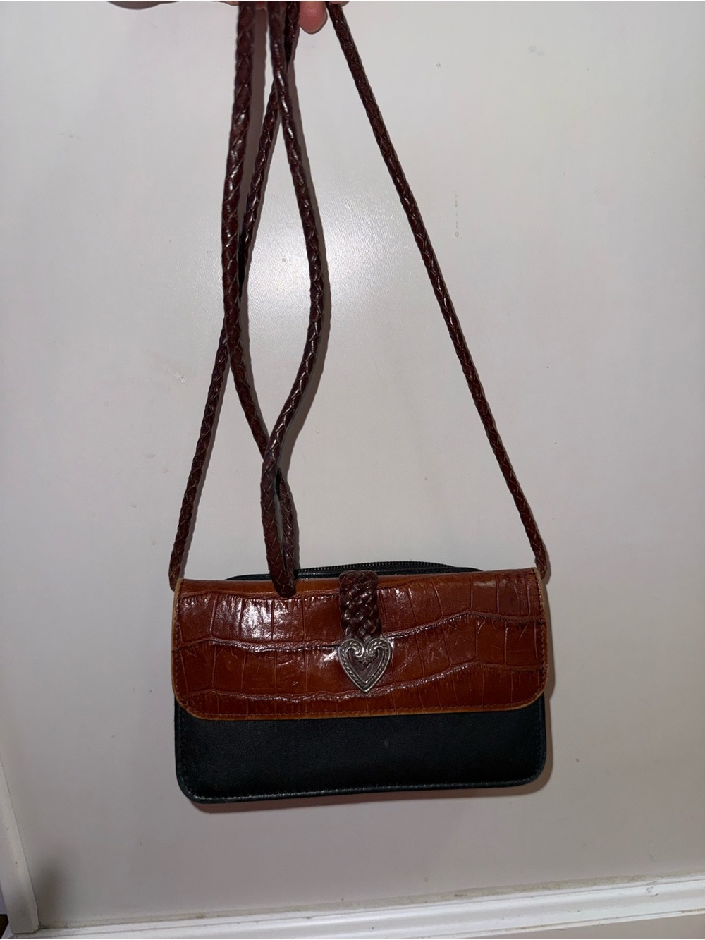 Brighton Two-Tone Brown and Black leather Crossbody Bag with Silver Heart Accent